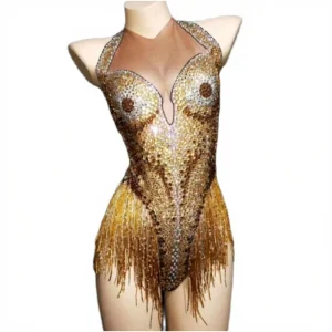Panic Buying Female Singer & DJ Latin Performance Wear Rhinestone Gold Tassel Costume for Bar in Polyester Rayon