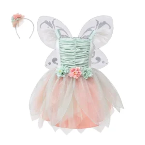 Pastel Green Pink Fairy Costume for Kids Ruffled Tulle Dress with Wings for Cosplay Conventions and Fantasy Events