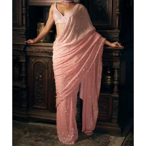 Pearl Beaded Sequin Georgette Sari with Unstitched Blouse