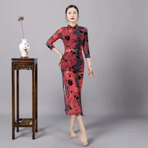 Performance Dress Plum Blossom Flocking Ancient Rhyme Split Training Knot Mesh Elastic Temperament Classical Dance