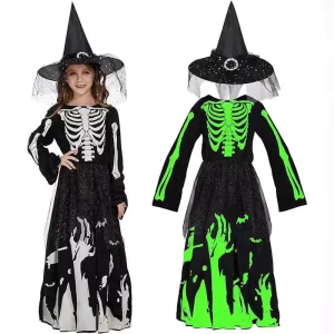 Phantom with Hat Luminous Witch Clothing Death Skeleton Ghost Cosplay Costumes Zombie Jumpsuit Halloween Dress up Girls
