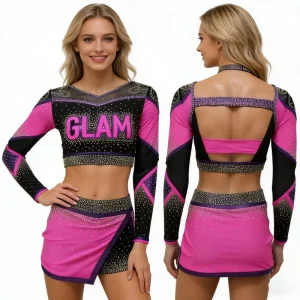 Pink & Black & Purple Glam Cheer Uniform Performance Outfit with Custom Logo for Stage Shows & Competitions