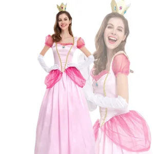 Pink Princess Costume For Women Deluxe Ball Gown Dress With Crown and Gloves Set For Halloween Cosplay
