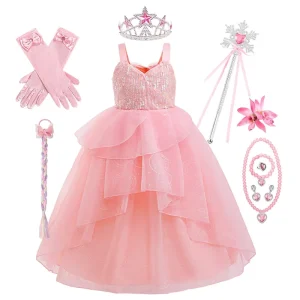 Pink Princess Fairy Printed Long Costume Dress for Girls Halloween
