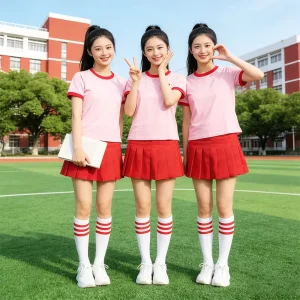 Pink Red Short Sleeve Crop Top Pleated Skirt Knee High Socks Girls School Performance Cheerleading Uniform Set