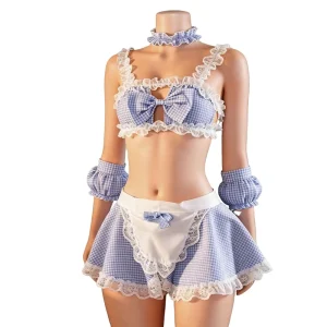 Plus Size Sexy Maid Costume Bow Butterfly Plaid Skirt Uniform Set Lingerie ODM European American