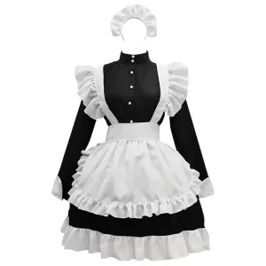 Plus Size Women’s European Maid Costume Black White Victorian Long Sleeve Dress with Ruffle Apron