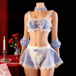 Plus Size Women’s Maid Costume Butterfly Plaid Bow Skirt Polyester Housemaid Uniform Set Lingerie European American