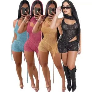 Plus Size Women’s Summer Hollow Sequin 3-Piece Shorts Set