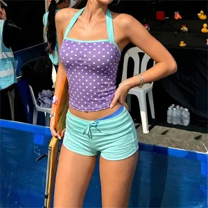 Polka Dot Patchwork 2 Piece Set Woman Halter Low Neck Sleeveless Crop Top Skinny Peach Hip Mini Shorts Sexy Suits