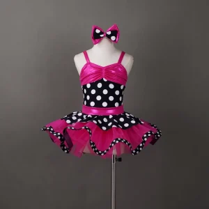 Polka Dot Trim Shiny Kids’ Dance Costume Ready Rose Pink Foil Ballet Dress for Kids