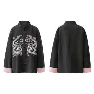 Polyester Chinese-Style Mandarin-Collar Button-Front Shirt Double-Dragon Print Contrast Pink Cuffs