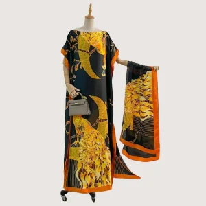 Polyester Silk Printed African Ethnic Style Loose Robe with Headscarf