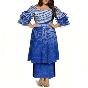 Popular Style Custom Royal Blue Light Grey Spiral Hibiscus Tribal Polynesian Print Women Two Piece Puletasi Set Island Outfit