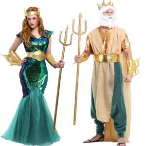 Poseidon & Mermaid Couple Role Play Set Sequin Maxi Dress Greek Style Outfit Ocean Myth Cosplay Costume