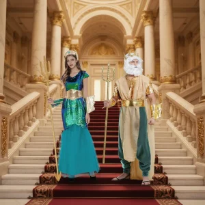 Poseidon and Mermaid Couple Cosplay Outfits Sequin Long Dresses Greek Ocean Myth Costumes