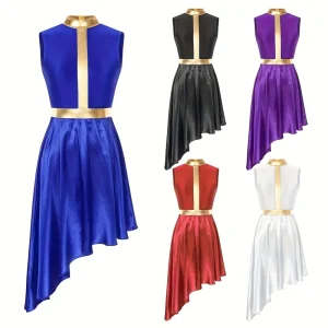 Praise Dance Dress for Women Color Block Sleeveless Tunic Asymmetrical Hem Worship Lyrical Dance Costume
