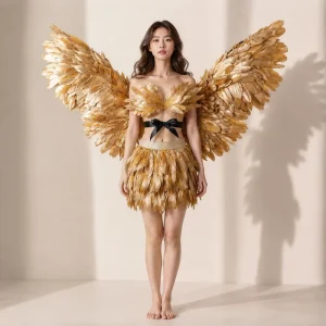 Premium Golden Feather Angel Wing Dress Costume Set for Mardi Gras Carnival Stage Show Burlesque Dance Party Performance Wear