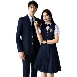 Preppy Student Graduation Uniform with Blazer, Shirt, and Pleated Skirt, 100% Polyester