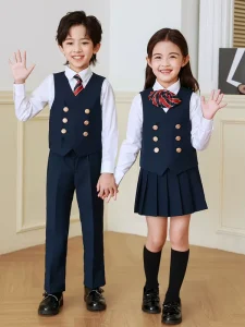 Preppy Style Kindergarten and Primary School Class Uniform Set with Kids Graduation Gown for Children’s Day Performance