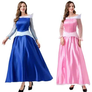 Princess Ball Gown Costume Set in Blue and Pink, Women’s Fairy Tale Party Dress with Puffed Sleeves