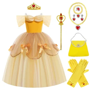 Princess Cosplay Costume Beauty and Beast Belle Princess Dresses Crown Wand Bag Glove Necklace Bracelet Ring Earrings