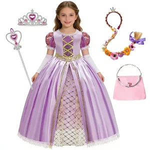 Princess Dress with Long Hair and Bowknot Girl Costume Play Set Halloween Performance Costume