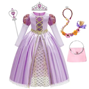Princess Rapunzel Cosplay Costume Set with Long Hair and Bow for Girls