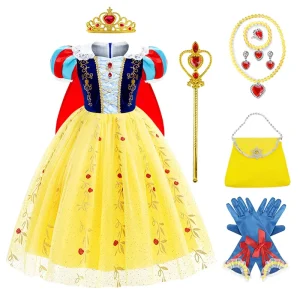 Princess Snow White Dress Costume Crown Magic Wand Bag Glove Necklace Bracelet Ring Earring Set Princess Party Cosplay Costume