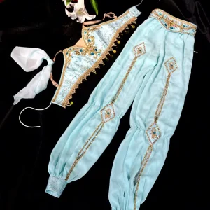 Professional La Bayadere Costume Light Blue Jasmine Princess Ballet Stage Performance Wear Sequin Beaded 2-Piece Pants Set