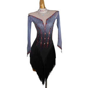 Professional Women’s Adult Latin Dance Performance Competition Costume Knee Bow Spandex Tassel Floral Dress In Stock Q509
