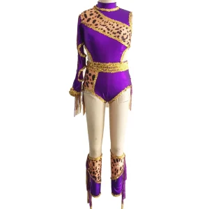 Purple Foil Leopard Print Dance Leotard Jazz Sequin Dance Costume Dance Wear Primitive Stage Performance Costume