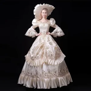 QQW384 Beige European Style Retro Court Party Dress with Square Neck