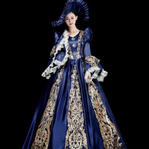 QQWZ461 Victorian Medieval Renaissance Costume Dress Antoinette Theater Ball Gown with Hat