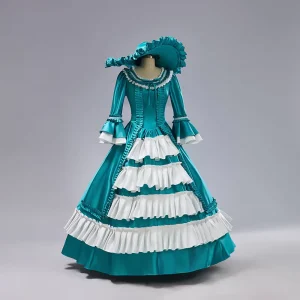 QQWZ530 Women’s Victorian Renaissance Medieval Fairy Tale Court Dress White Blue Short Sleeve