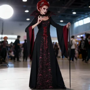 Queen Vampire Cosplay Costume, Red and Black Vintage Court Gown