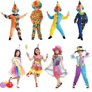 RTS Children’s Unisex Clown Costume Set Striped Polka Dot Jumpsuit with Hat for Halloween Stage Performance Carnival