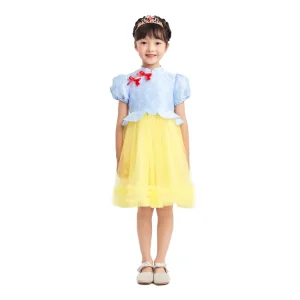 Red Bow Accent Blue-Yellow Tulle Stage Performance Dress for Kids