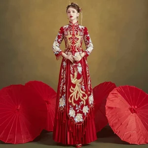 Red Bridal Wedding Dress Retro Chinese Cheongsam Toast Dress Long