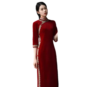 Red Cheongsam Bridal Dress Long Sleeve Chinese Style Wedding Dress for Women and Girls Factory