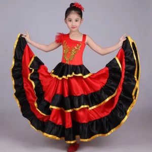 Red Children Spanish Dance Costume Big Swing Skirts Flamenco Costume for Performance Wear