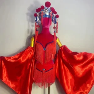 Red Chinese Folk Dance Costume Stage Show Wear Sexy Bikini Peking Opera Headwear Full Set