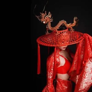 Red Chinese Folk Dance Costume with Big Hat for Stage Performance and Cosplay