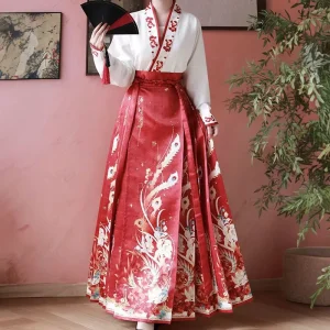Red Hanfu Two-Piece Set with Embroidered Horse-Face Skirt and White Top