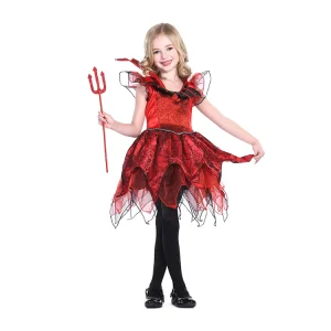 Red Witch Design Red Fabric Spider Web Detail Comfortable and Breathable Kids Dress Costume for Stage Performance