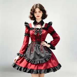 Red and Black Gothic Lolita Maid Dress with Bow, Lace-Up Ruffle Apron