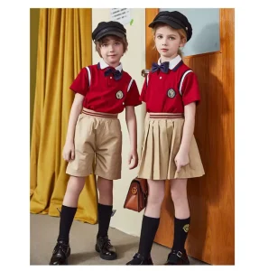 Red and Coffee Contrast Kids School Uniform for Stage and Daily Wear Multiple Styles and Colors ODM Customization Available