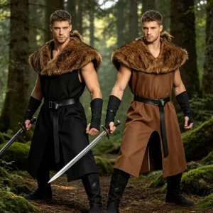 Renaissance Medieval Knight Viking Costume with Faux Fur Edge Shoulder Shawl for Halloween Cosplay LARP