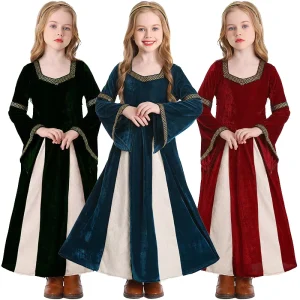 Renaissance Middle Ages Princess Children’s Halloween Stage Performance Dress with Flare Sleeves and Long Skirt