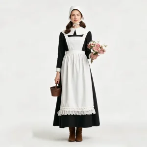 Retro European Farm Maid Dress Black Long Sleeve Dress with White Lace Ruffle Apron and Cap